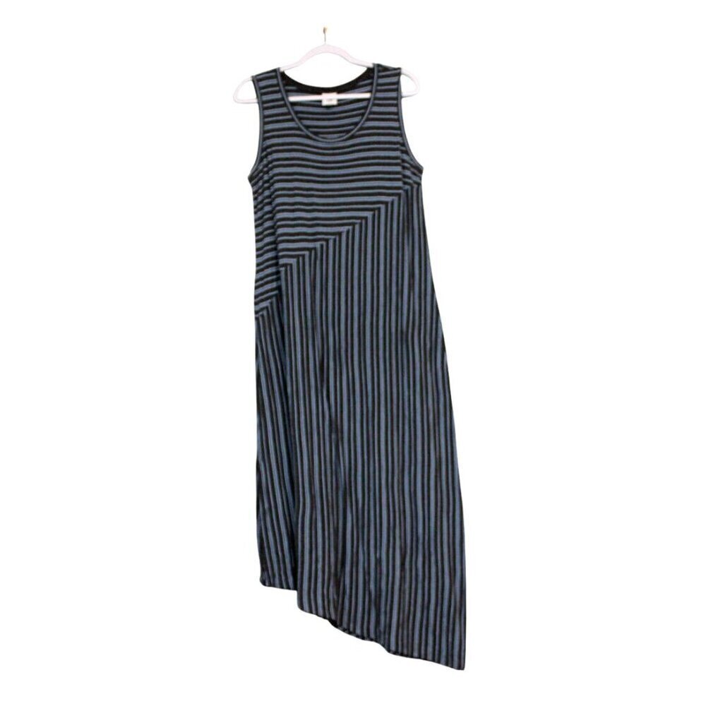 CAbi Asymmetrical Maxi Dress Large Gray Blue Striped Stretch Knit Beach Casual